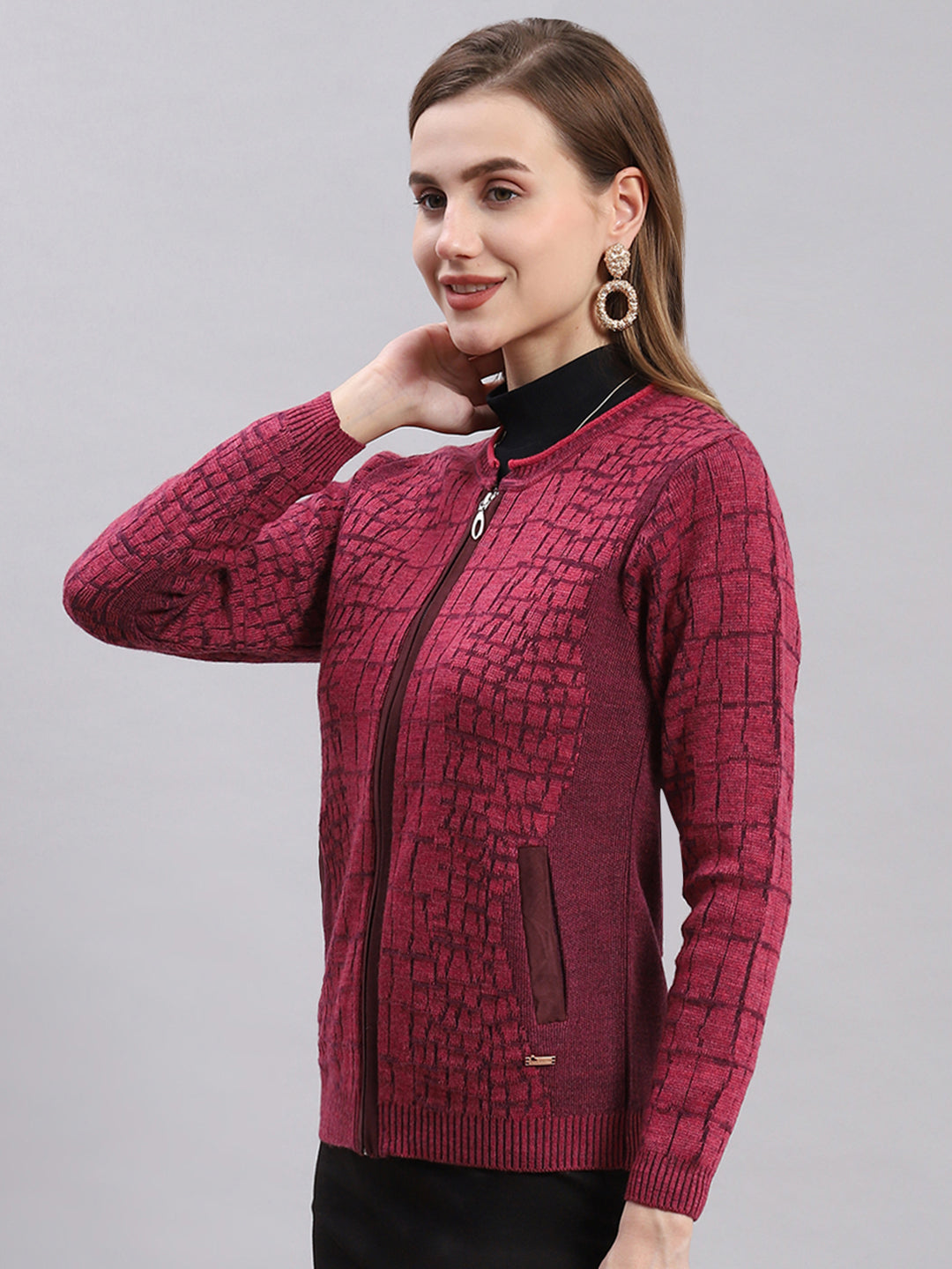 Women Pink Self Design Round Neck Full Sleeve Cardigans