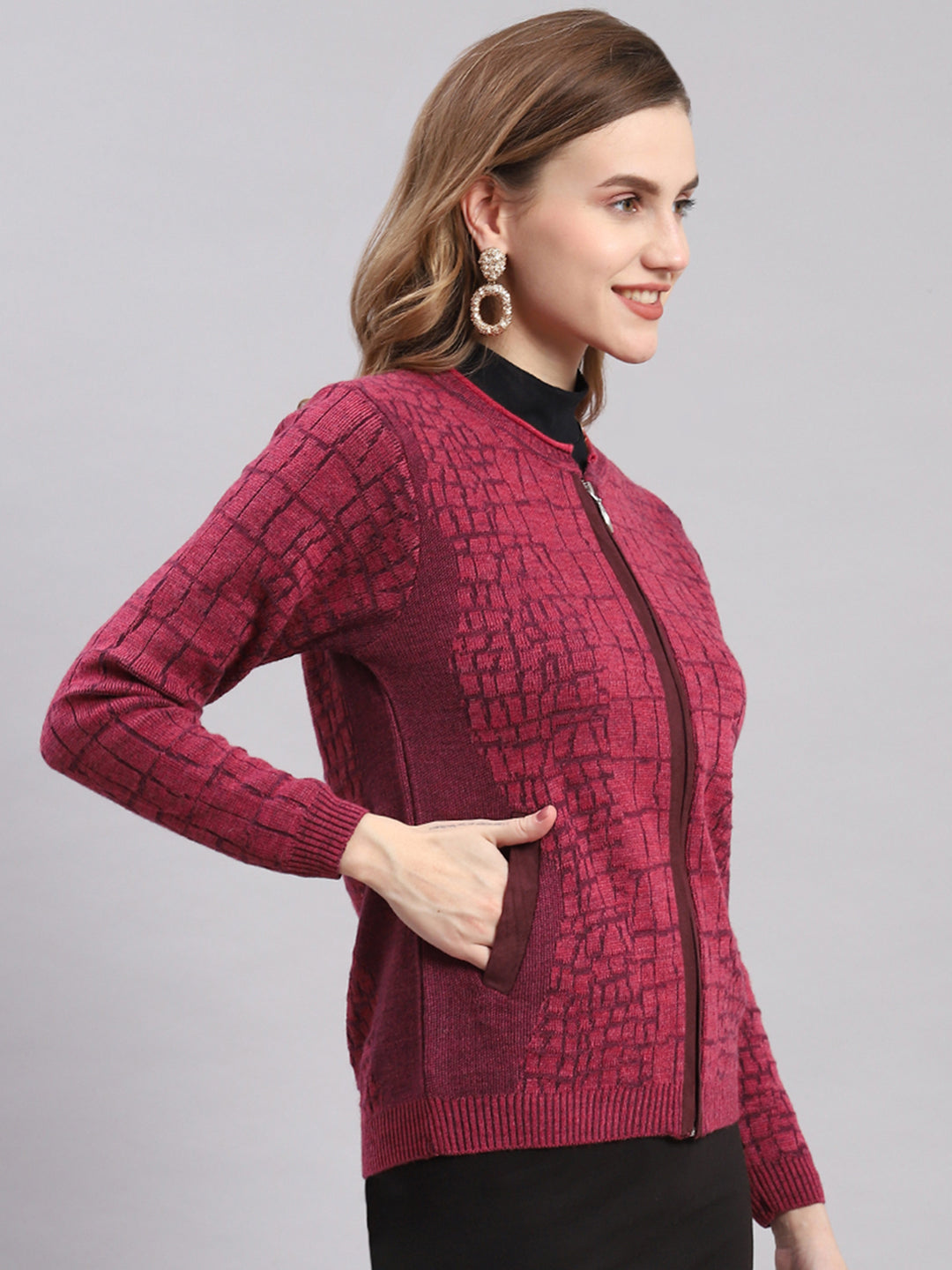 Women Pink Self Design Round Neck Full Sleeve Cardigans