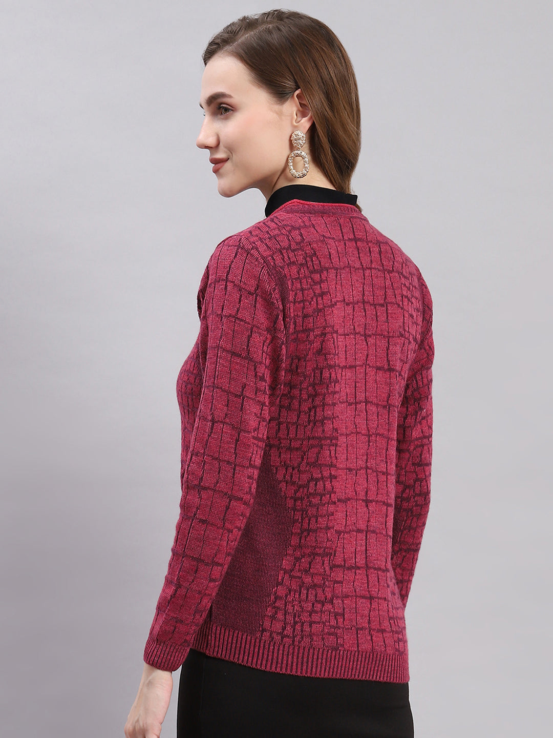 Women Pink Self Design Round Neck Full Sleeve Cardigans