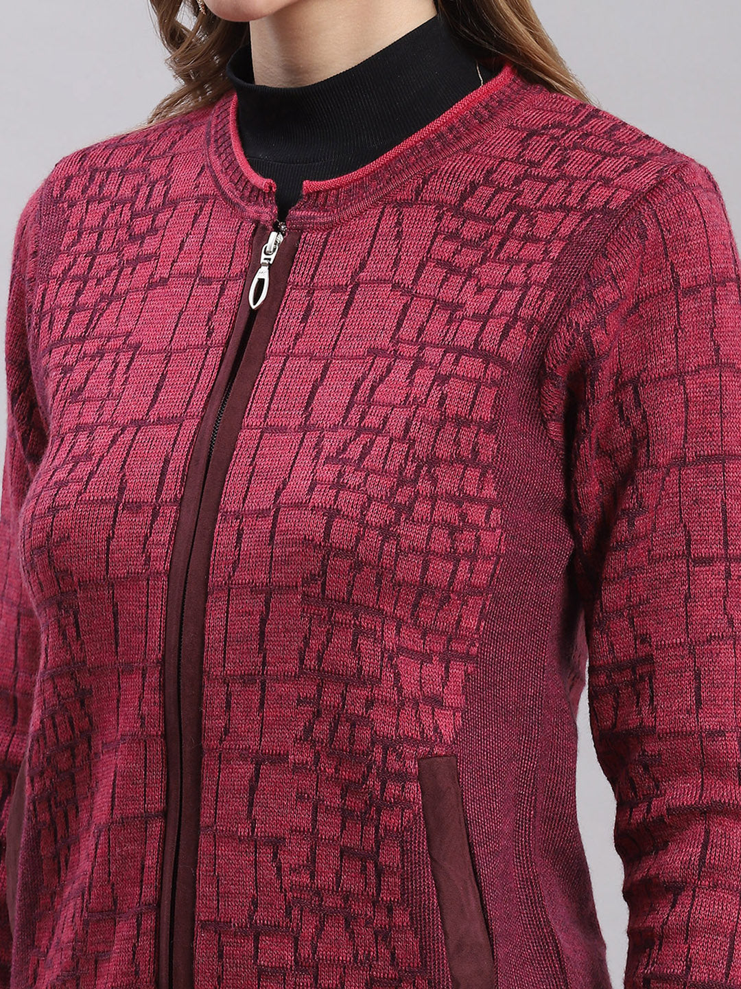 Women Pink Self Design Round Neck Full Sleeve Cardigans