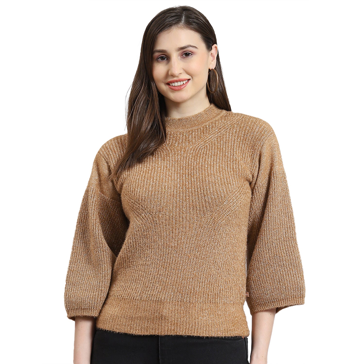 Women Brown Self Design Round Neck Sweater