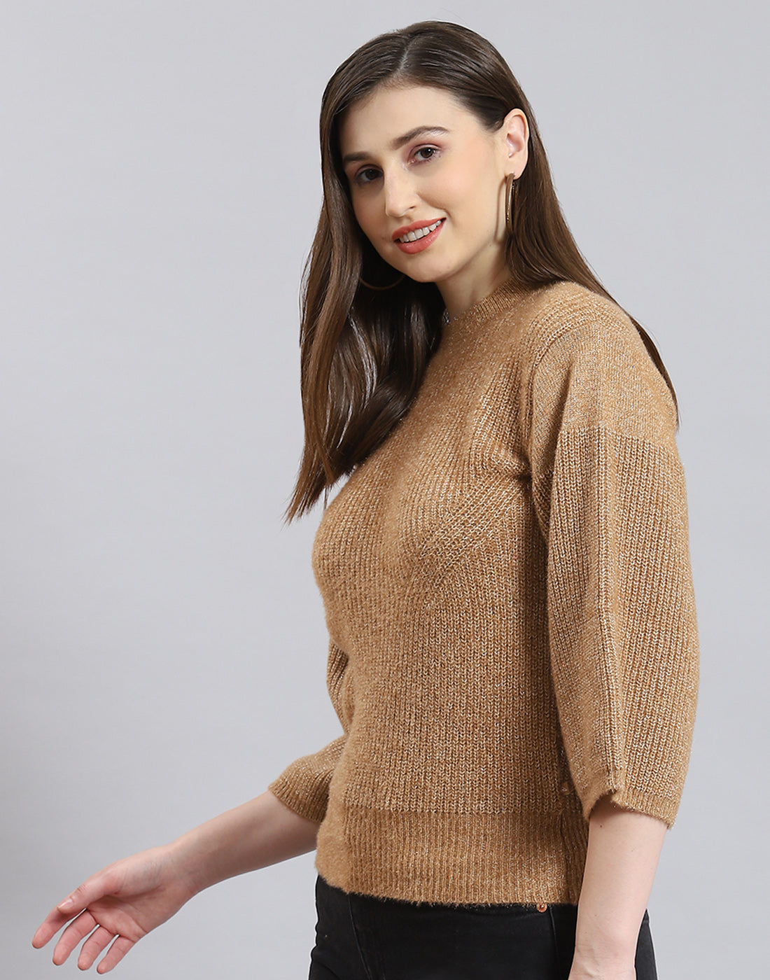 Women Brown Self Design Round Neck Sweater