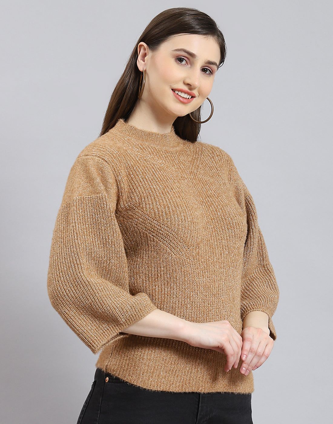 Women Brown Self Design Round Neck Sweater