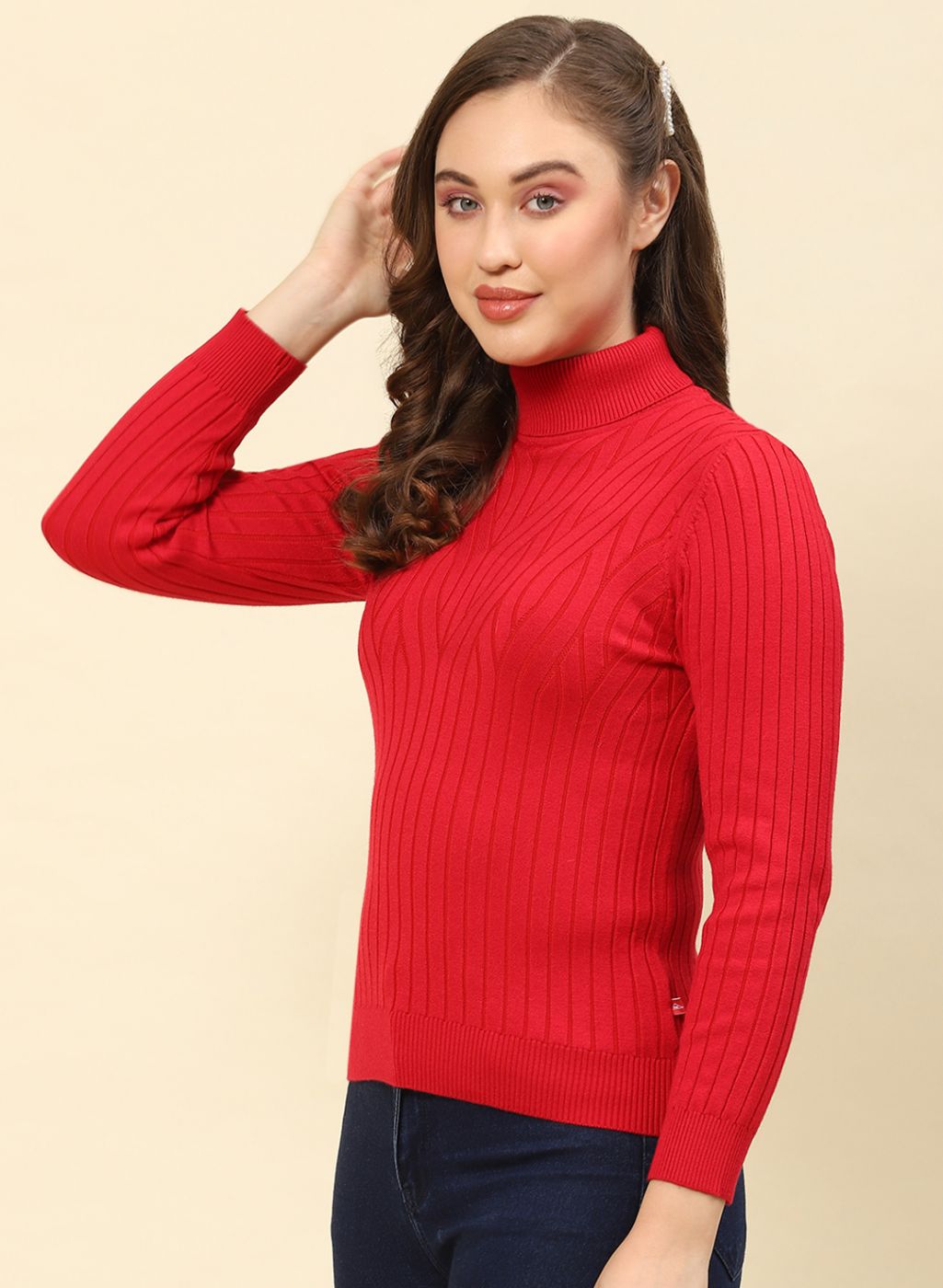 Women Red Self Design Blend wool Winter Top