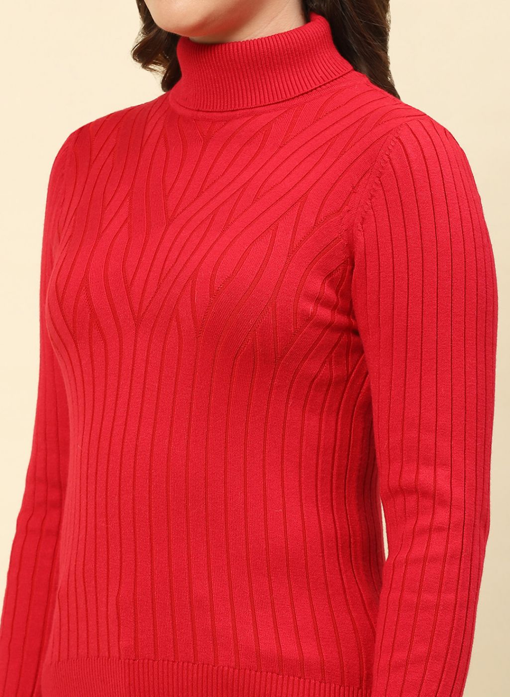 Women Red Self Design Blend wool Winter Top