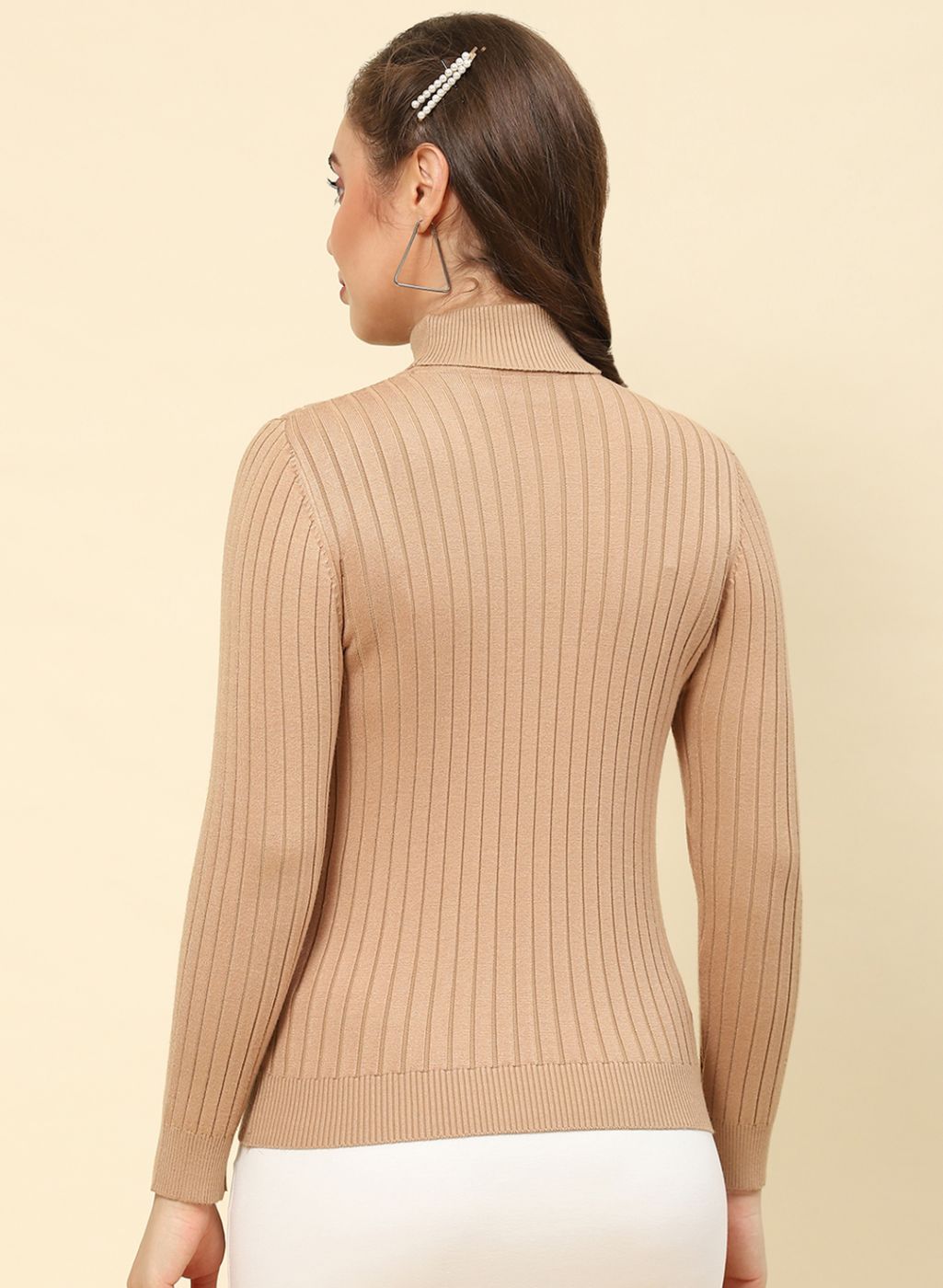 Women Camel Brown Self Design Blend wool Winter Top