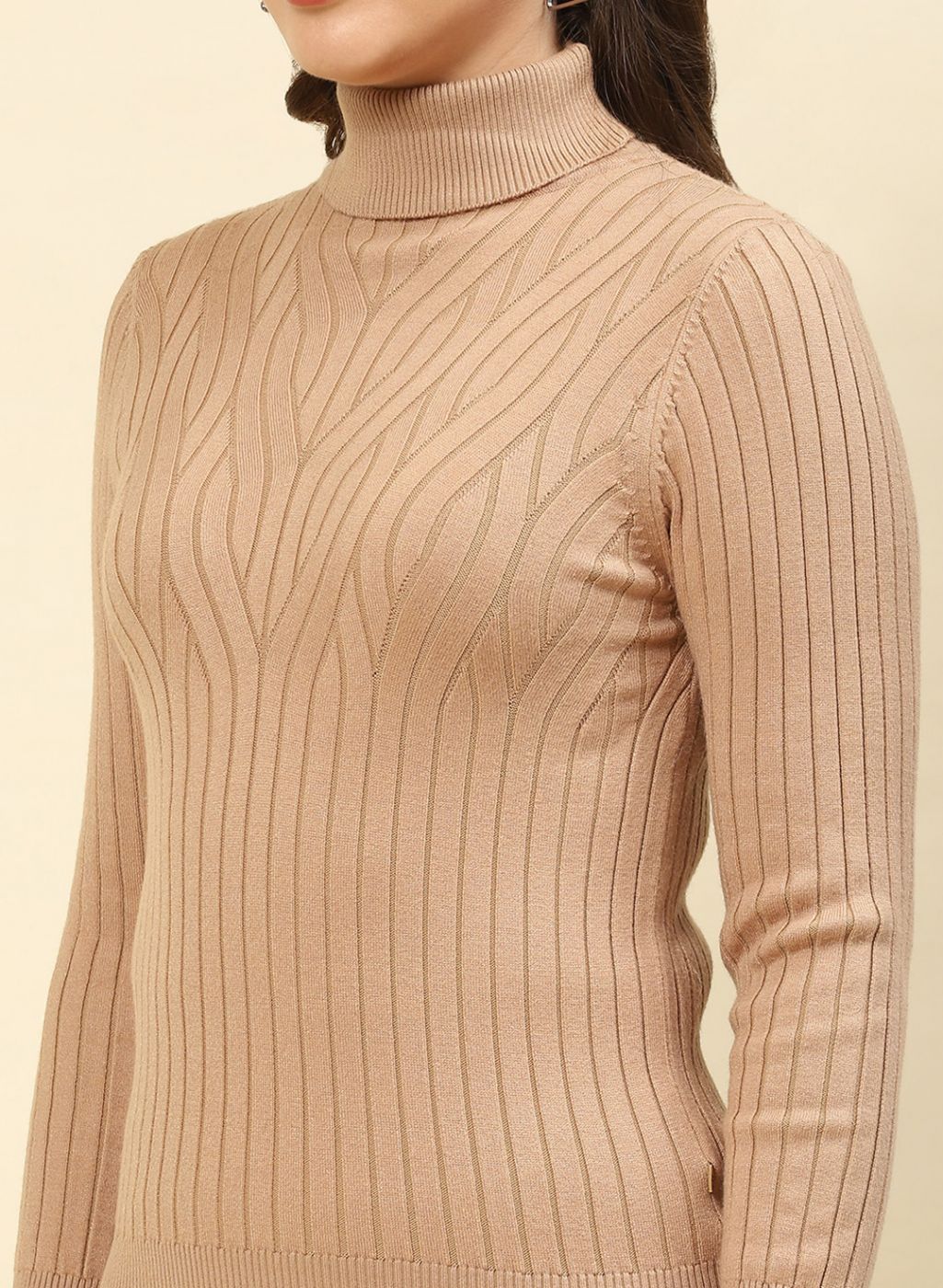 Women Camel Brown Self Design Blend wool Winter Top