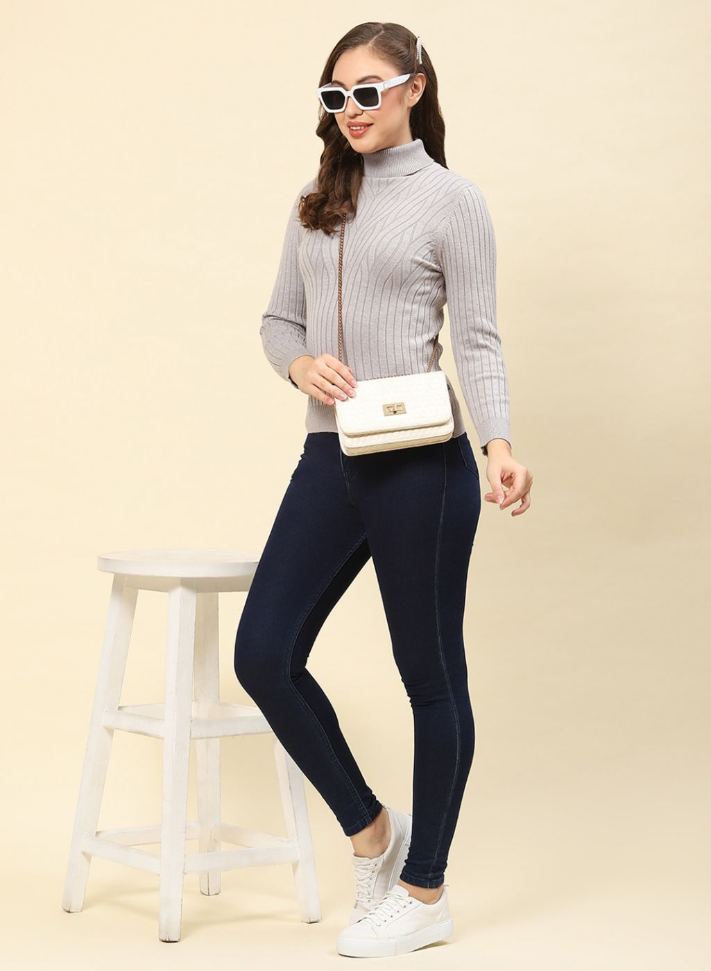 Women Grey Self Design Blend wool Winter Top