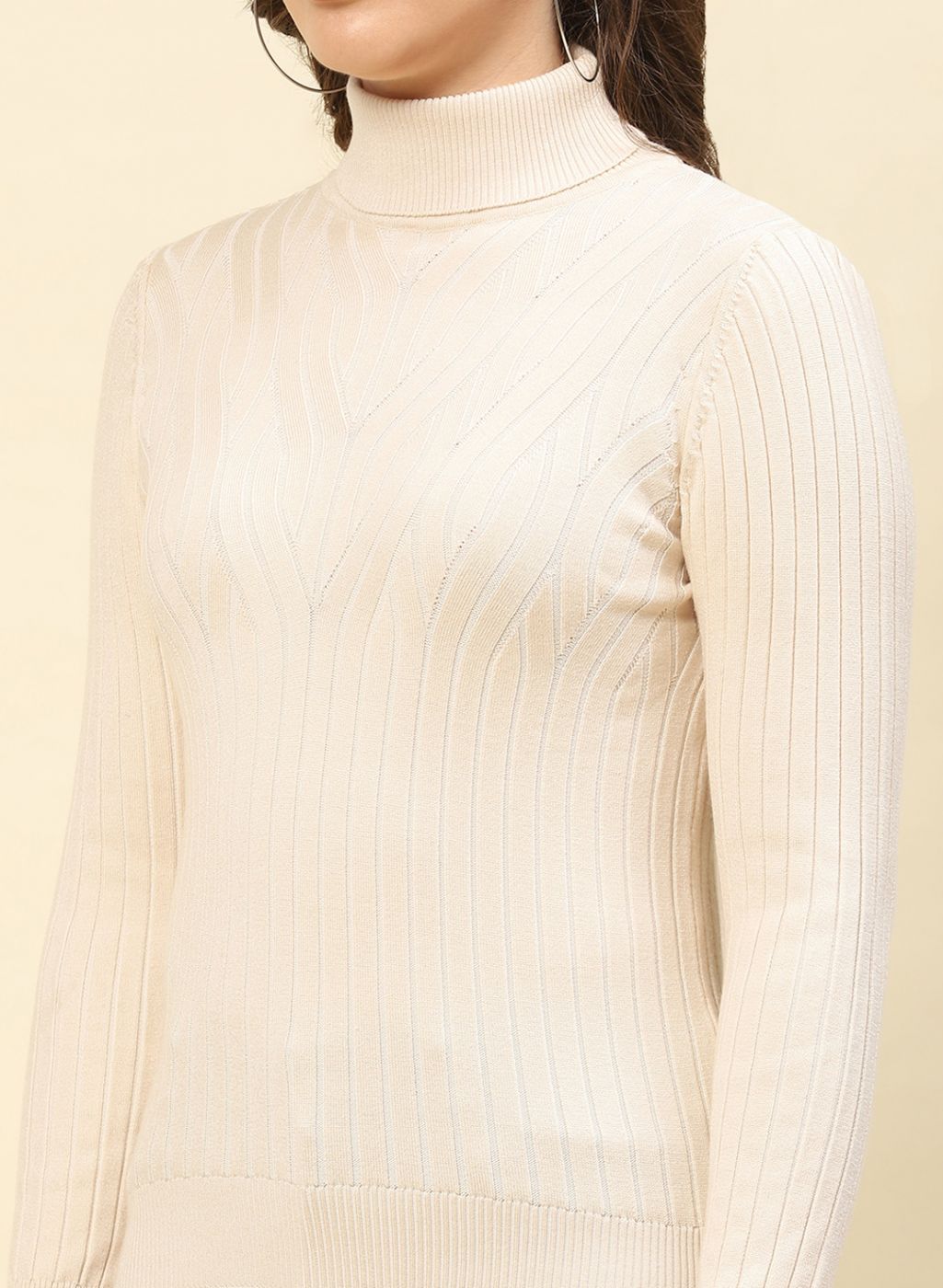 Women Beige Self Design Blend wool Winter Top