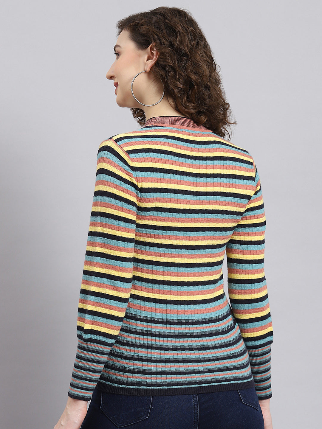Women Multicolor Stripe Round Neck Full Sleeve Sweatshirt