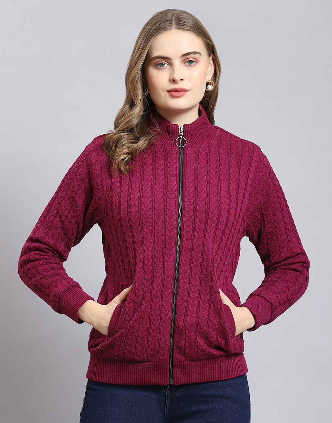 Women Magenta Self Design Stand Collar Full Sleeve Jacket