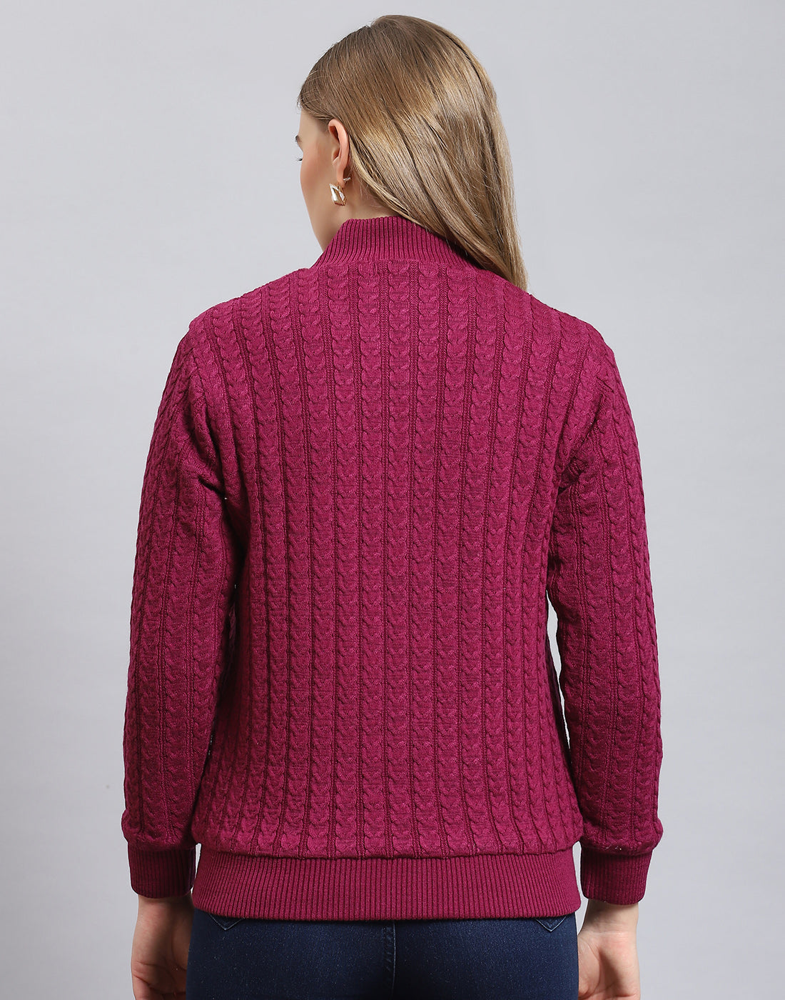 Women Magenta Self Design Stand Collar Full Sleeve Jacket