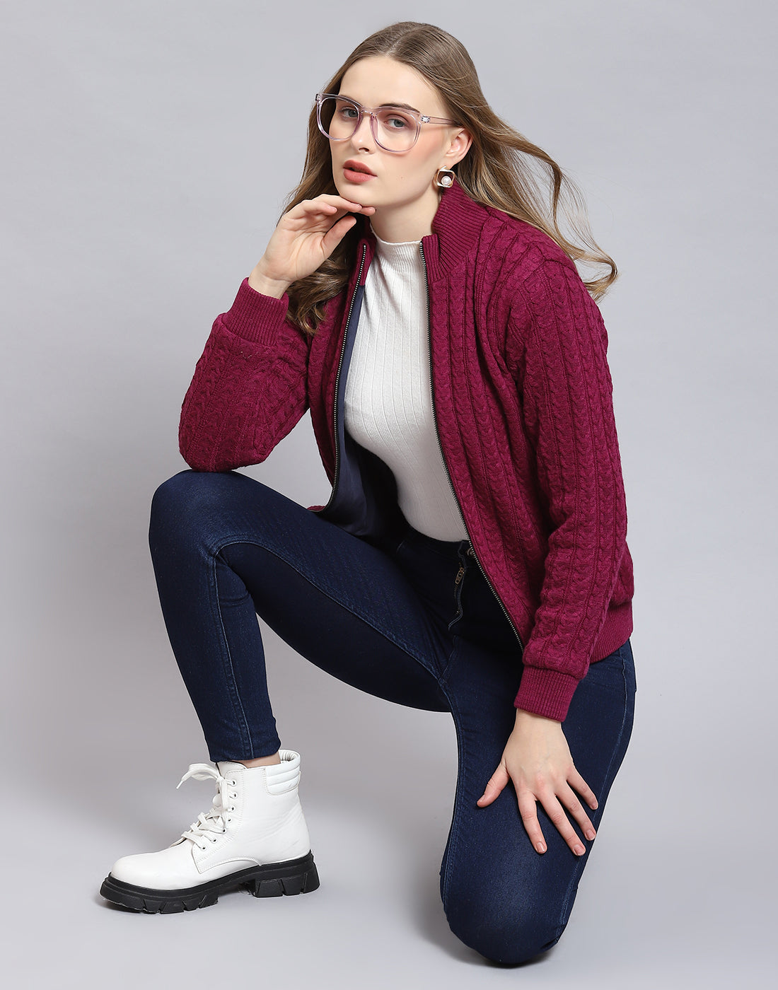 Women Magenta Self Design Stand Collar Full Sleeve Jacket