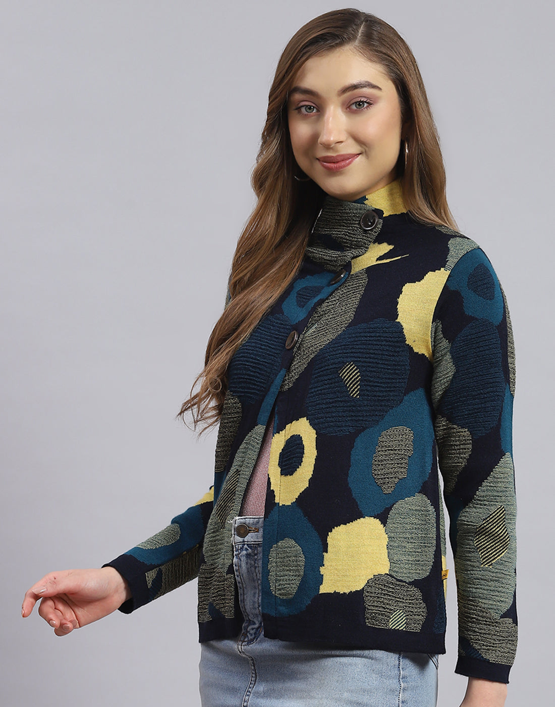 Women Navy Blue Self Design H Neck Full Sleeve Sweater