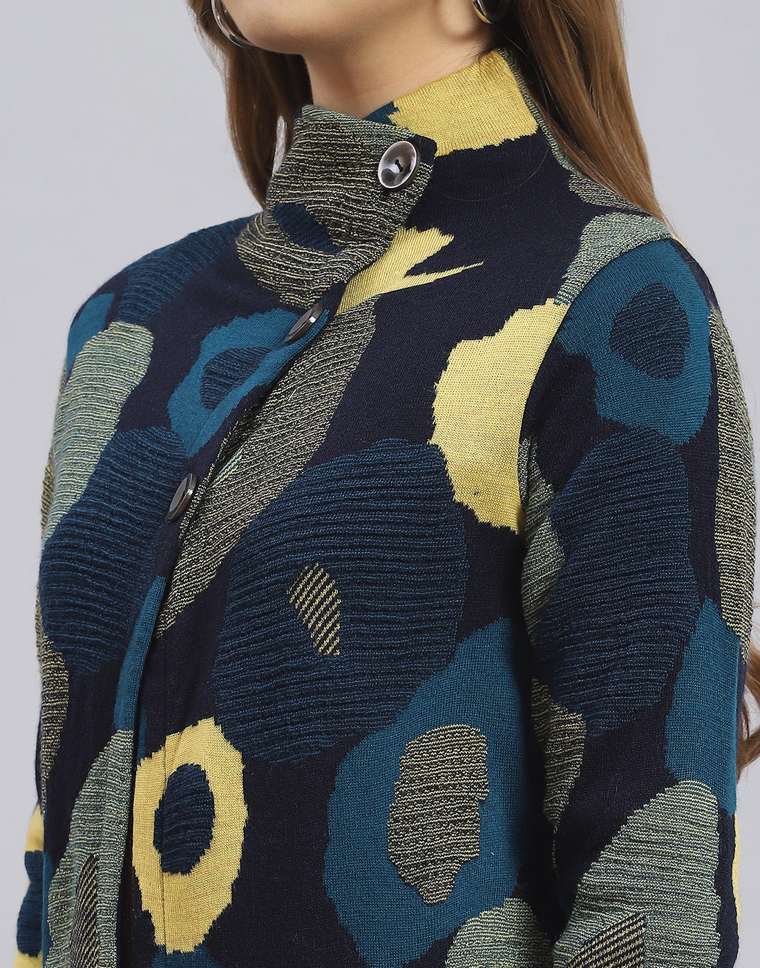 Women Navy Blue Self Design H Neck Full Sleeve Sweater