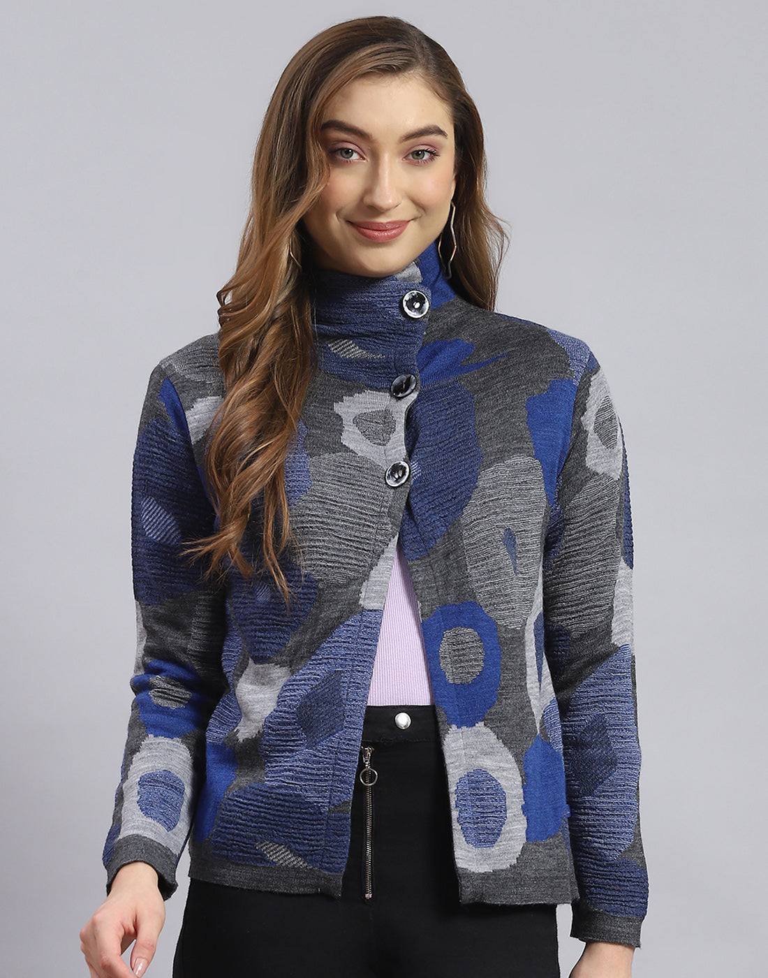 Buy Women Grey Self Design H Neck Full Sleeve Sweater Online in