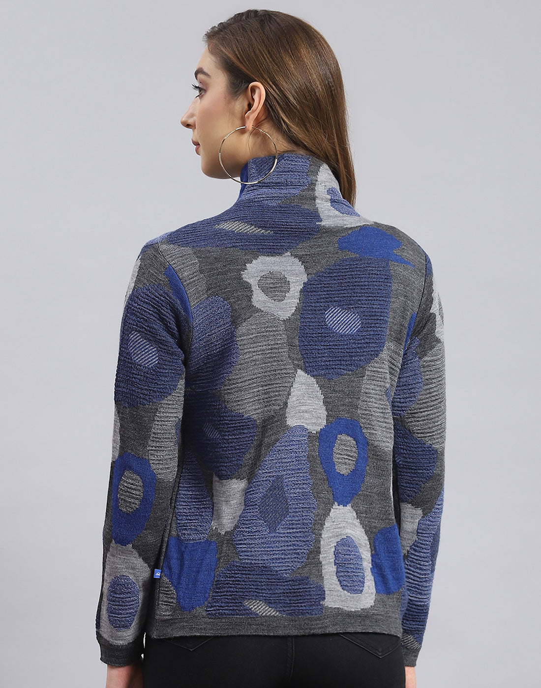 Women Grey Self Design H Neck Full Sleeve Sweater