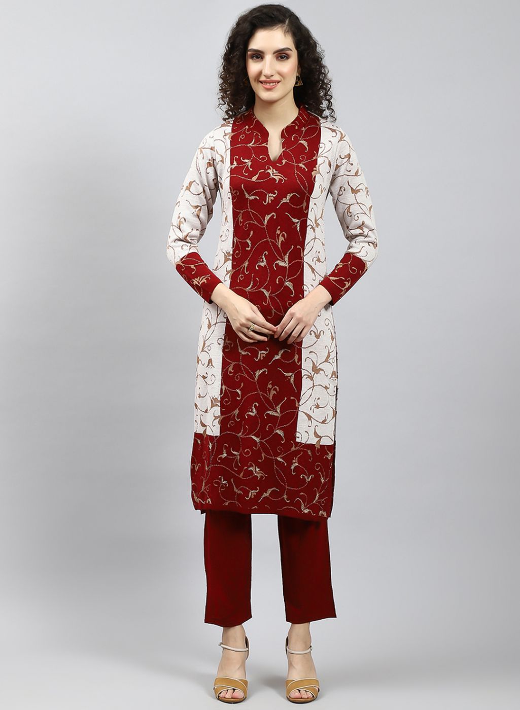 Women Red Self Design Kurti+Lower Set for Winter