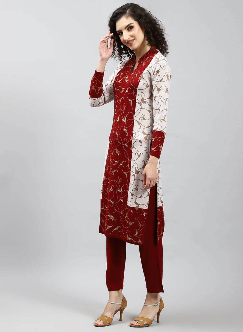 Women Red Self Design Kurti+Lower Set for Winter
