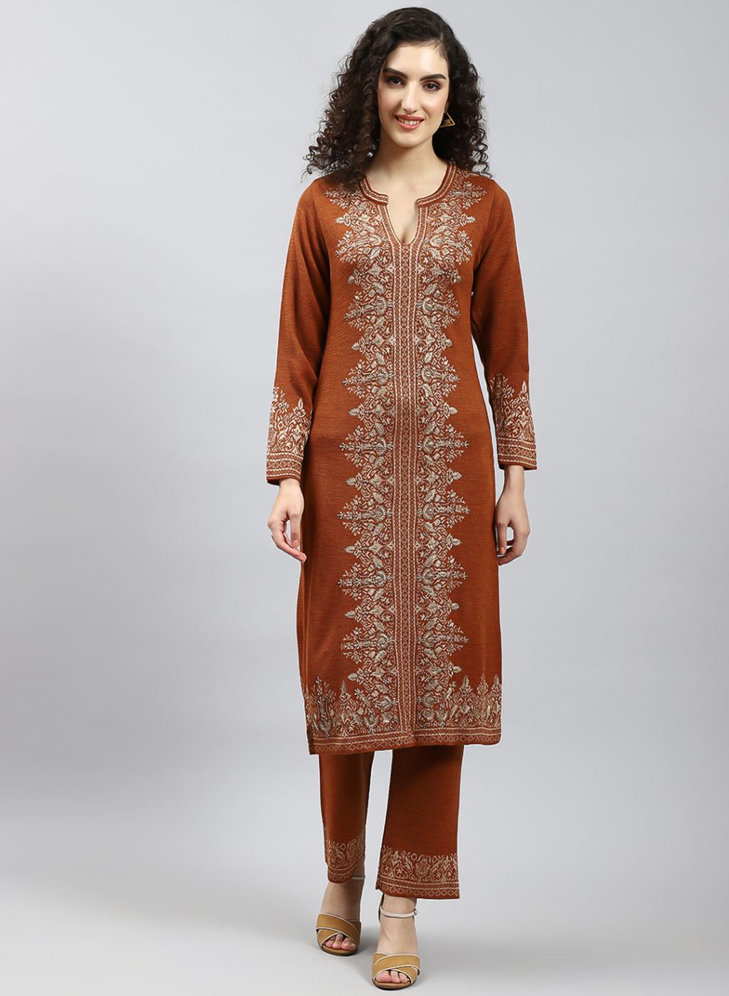 Women Orange Self Design Kurti+Lower Set for Winter