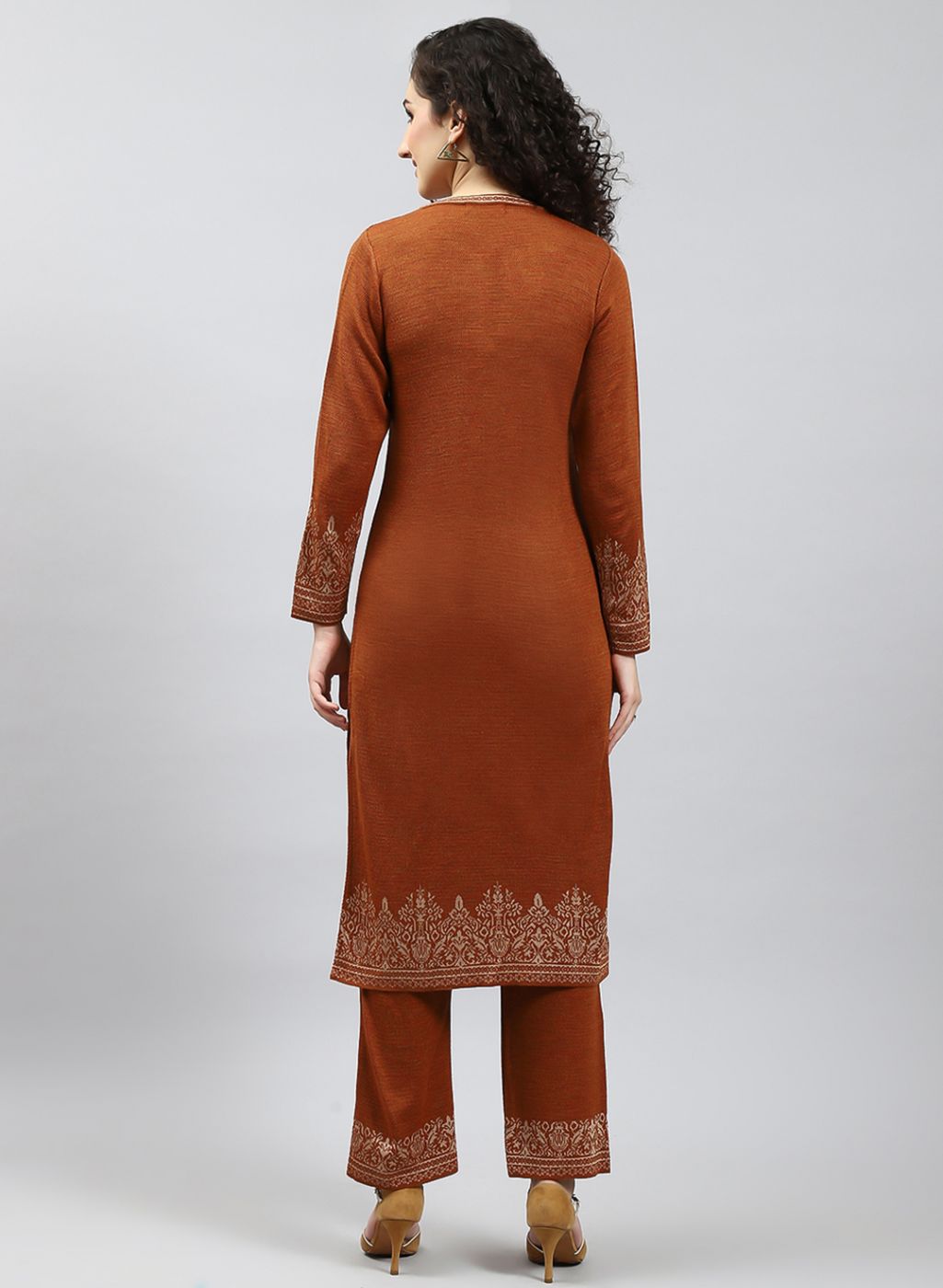 Women Orange Self Design Kurti+Lower Set for Winter