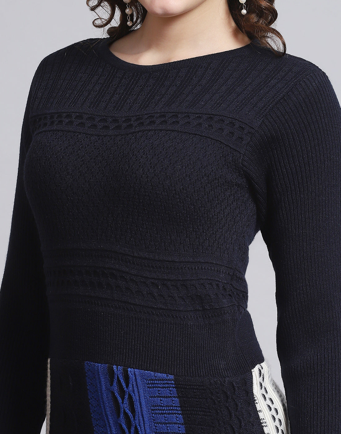 Women Navy Blue Self Design Round Neck Full Sleeve Dress