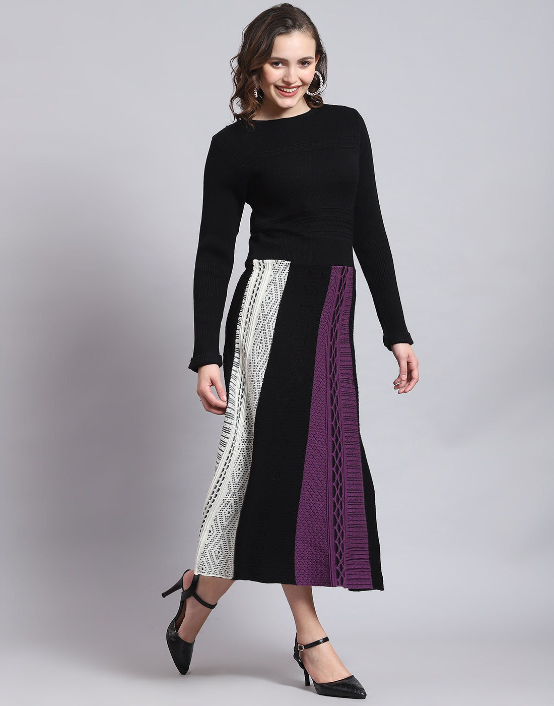 Women Black Self Design Round Neck Full Sleeve Dress