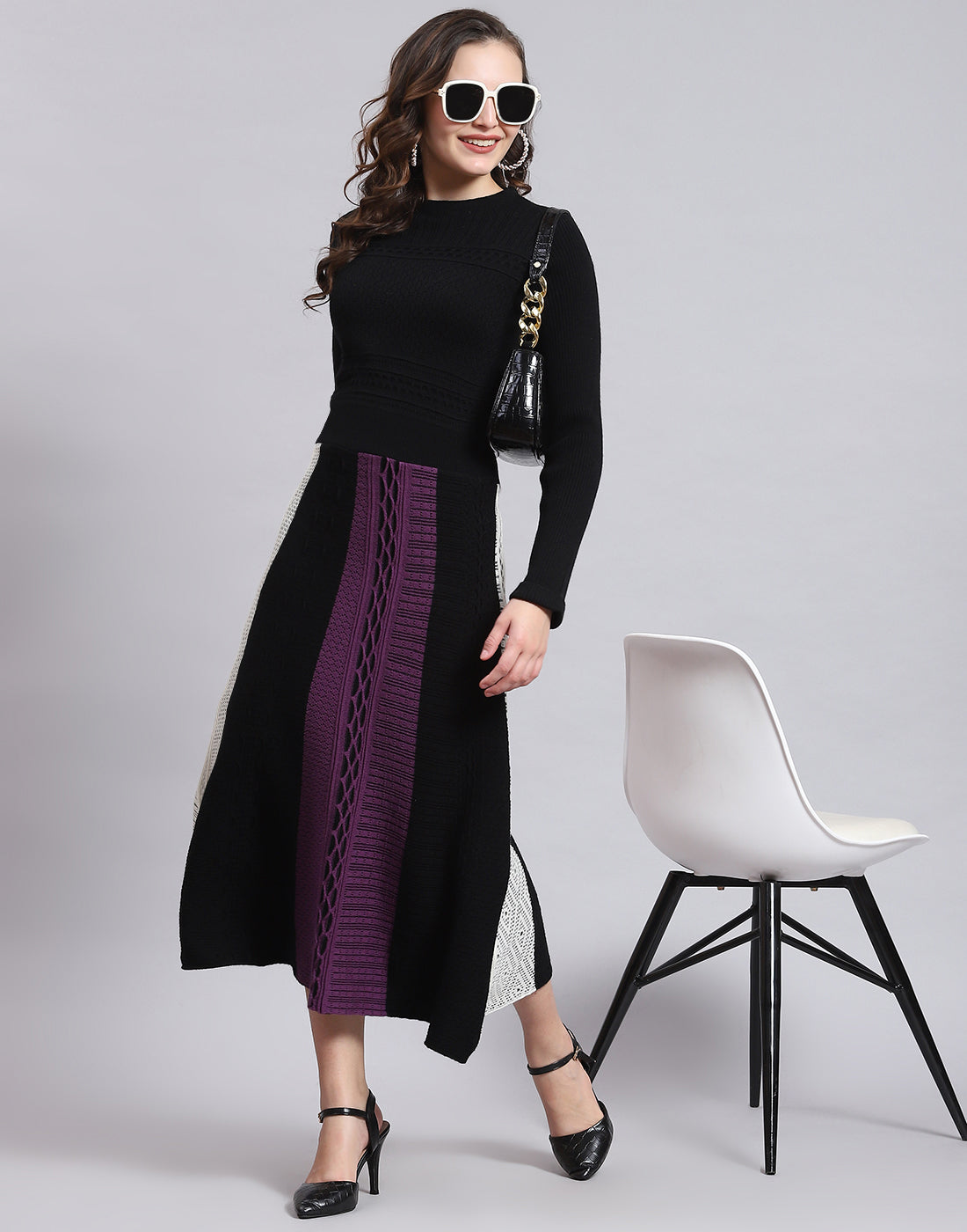 Women Black Self Design Round Neck Full Sleeve Dress