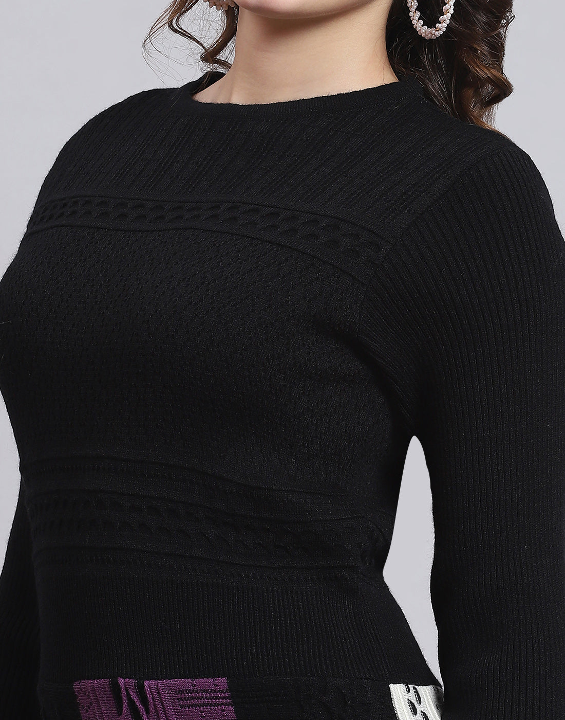 Women Black Self Design Round Neck Full Sleeve Dress