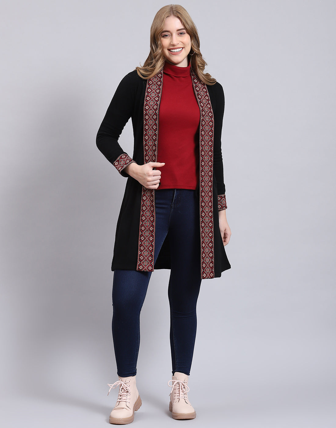 Women Black Self Design V Neck Full Sleeve Cardigan