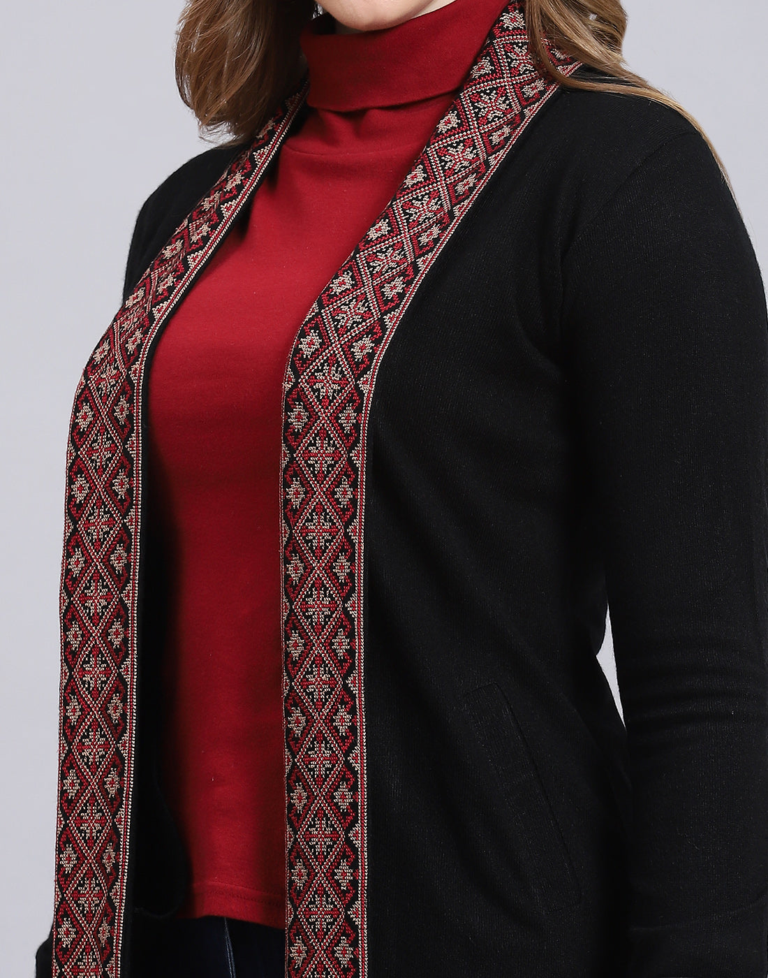 Women Black Self Design V Neck Full Sleeve Cardigan