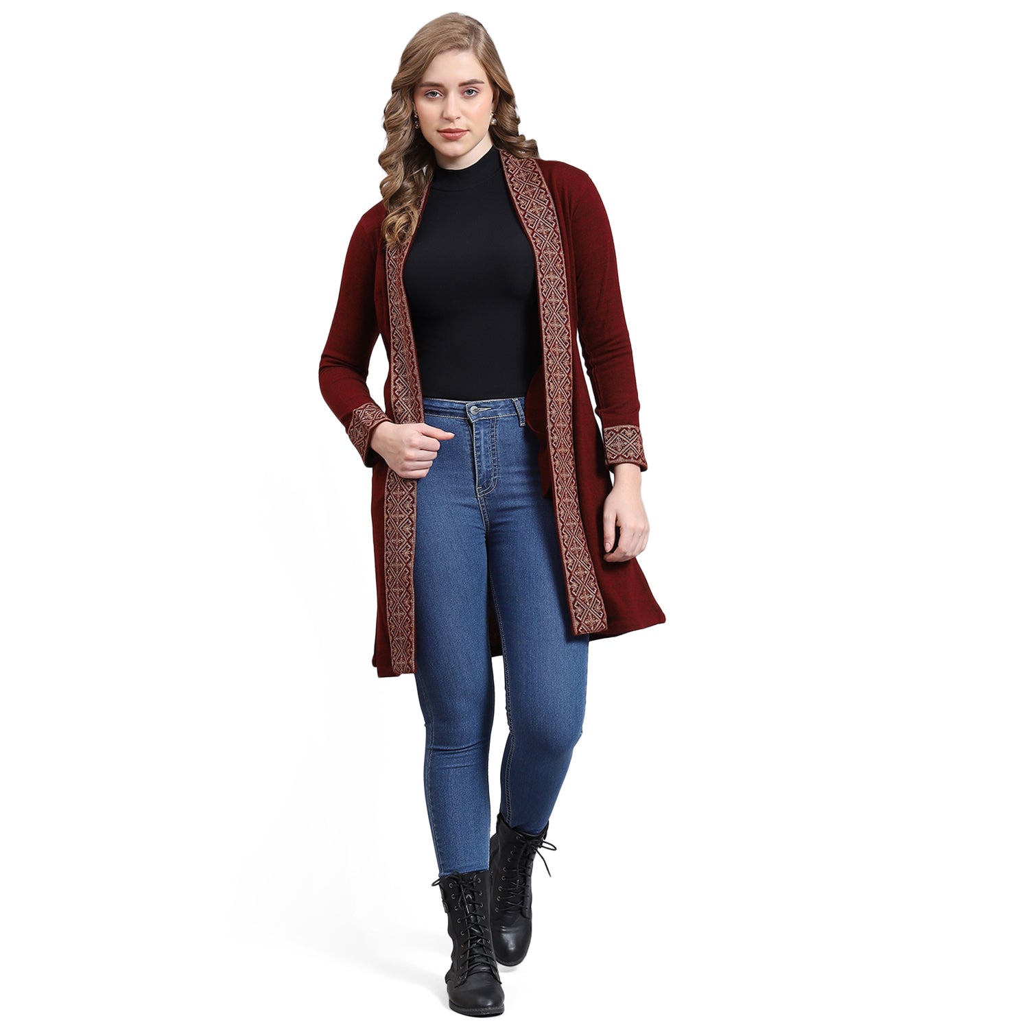 Women Maroon Self Design V Neck Full Sleeve Cardigan