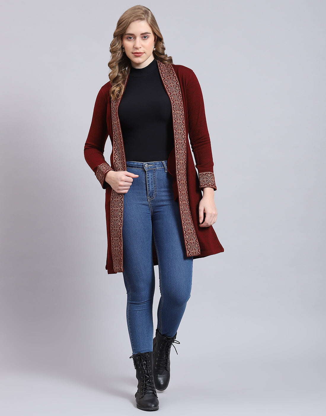 Women Maroon Self Design V Neck Full Sleeve Cardigan