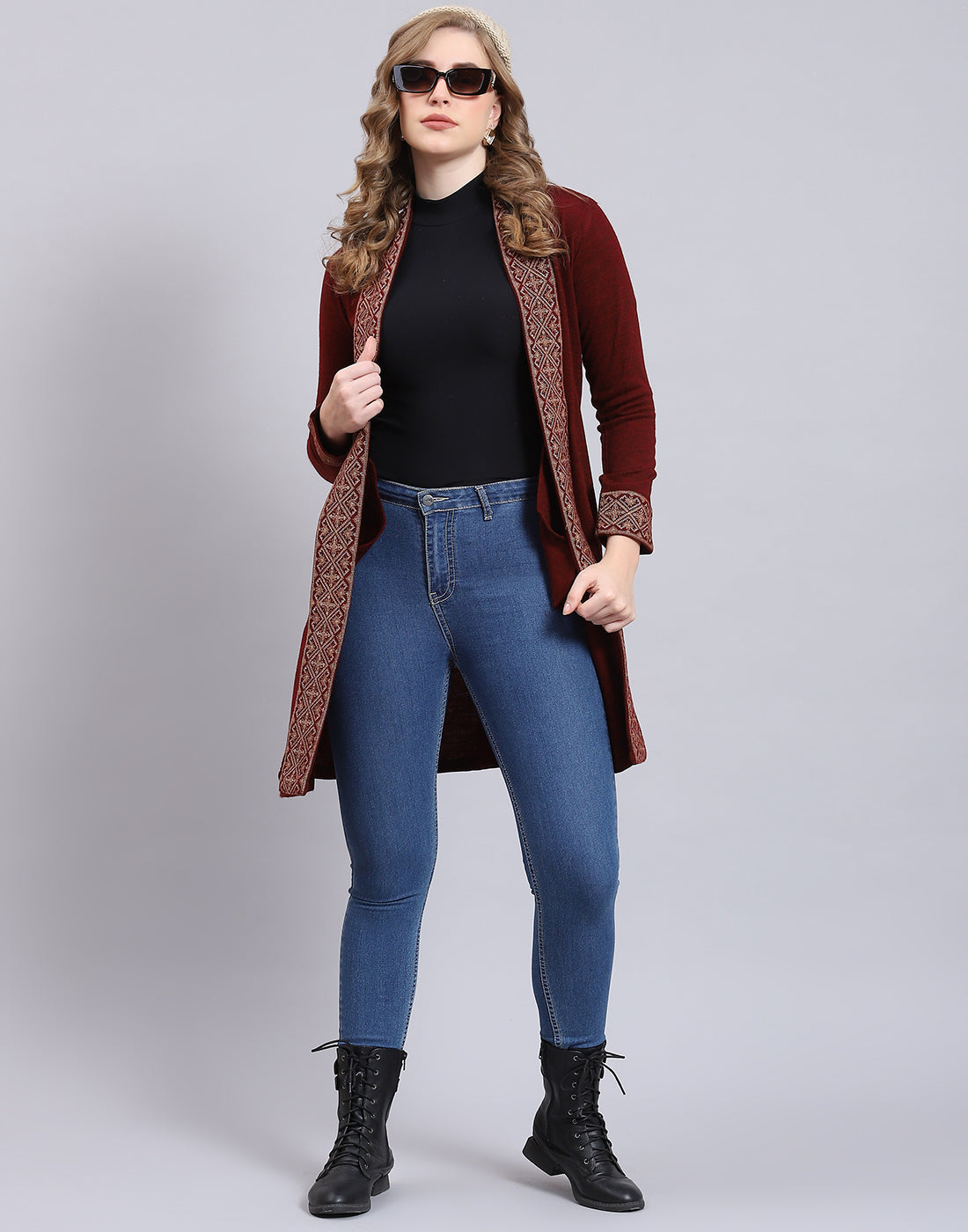 Women Maroon Self Design V Neck Full Sleeve Cardigan