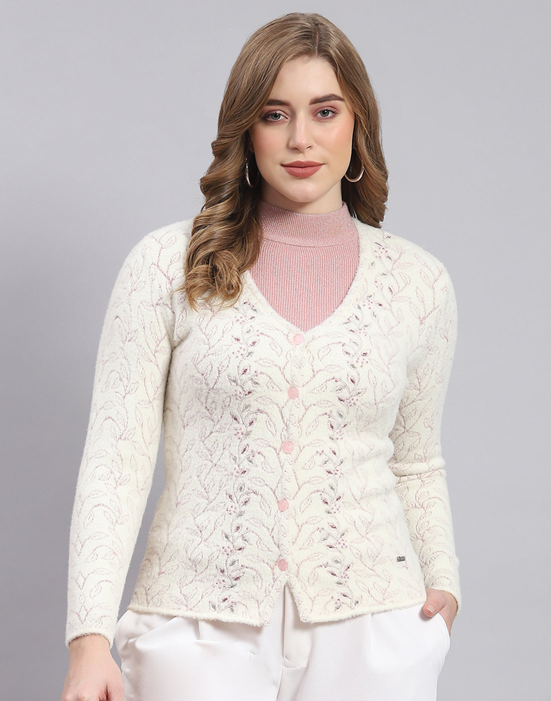 Women Off White Self Design V Neck Full Sleeve Sweater