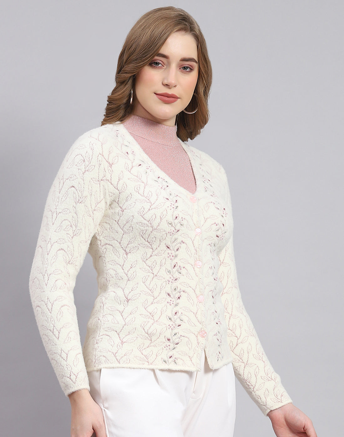 Women Off White Self Design V Neck Full Sleeve Sweater
