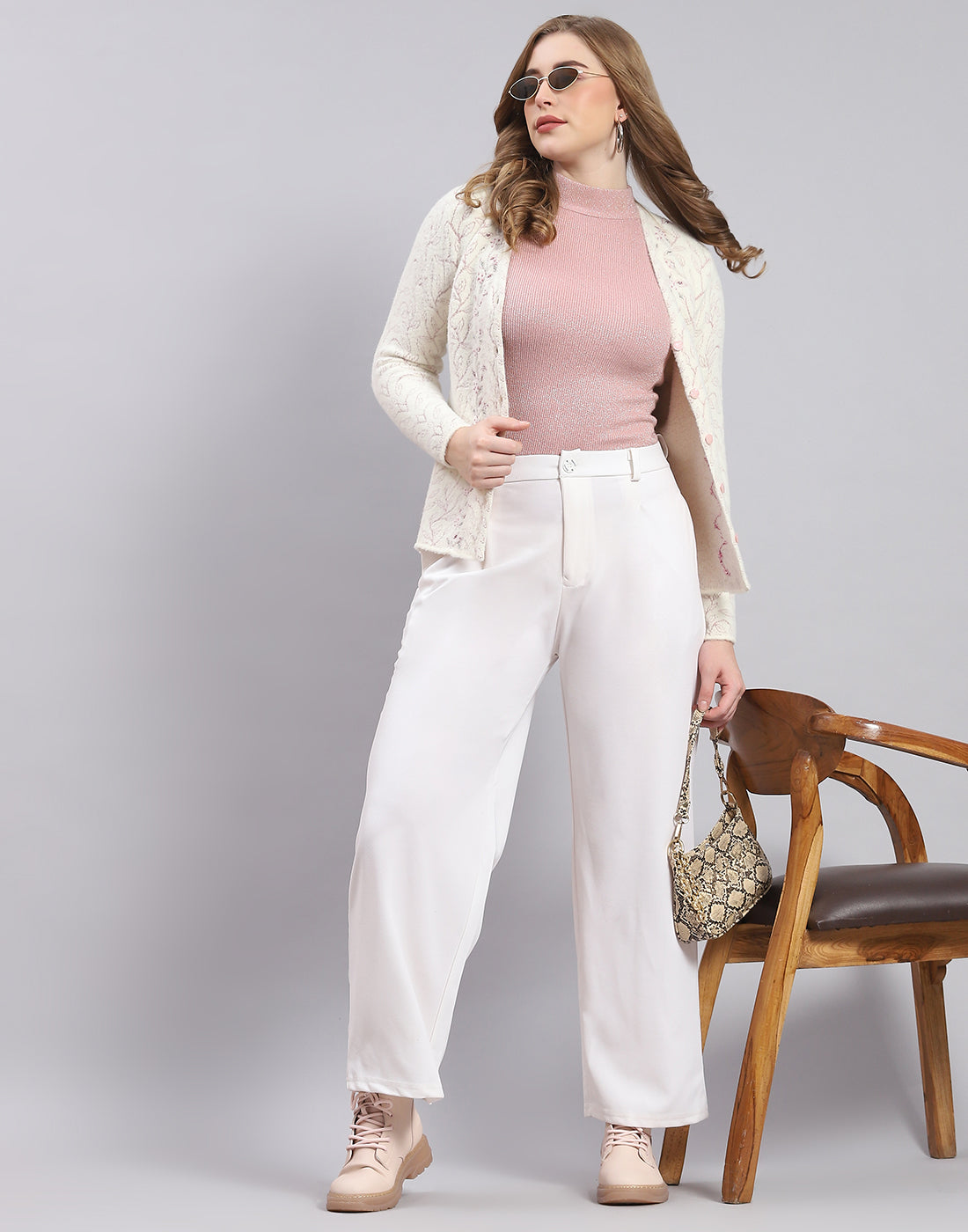 Women Off White Self Design V Neck Full Sleeve Sweater