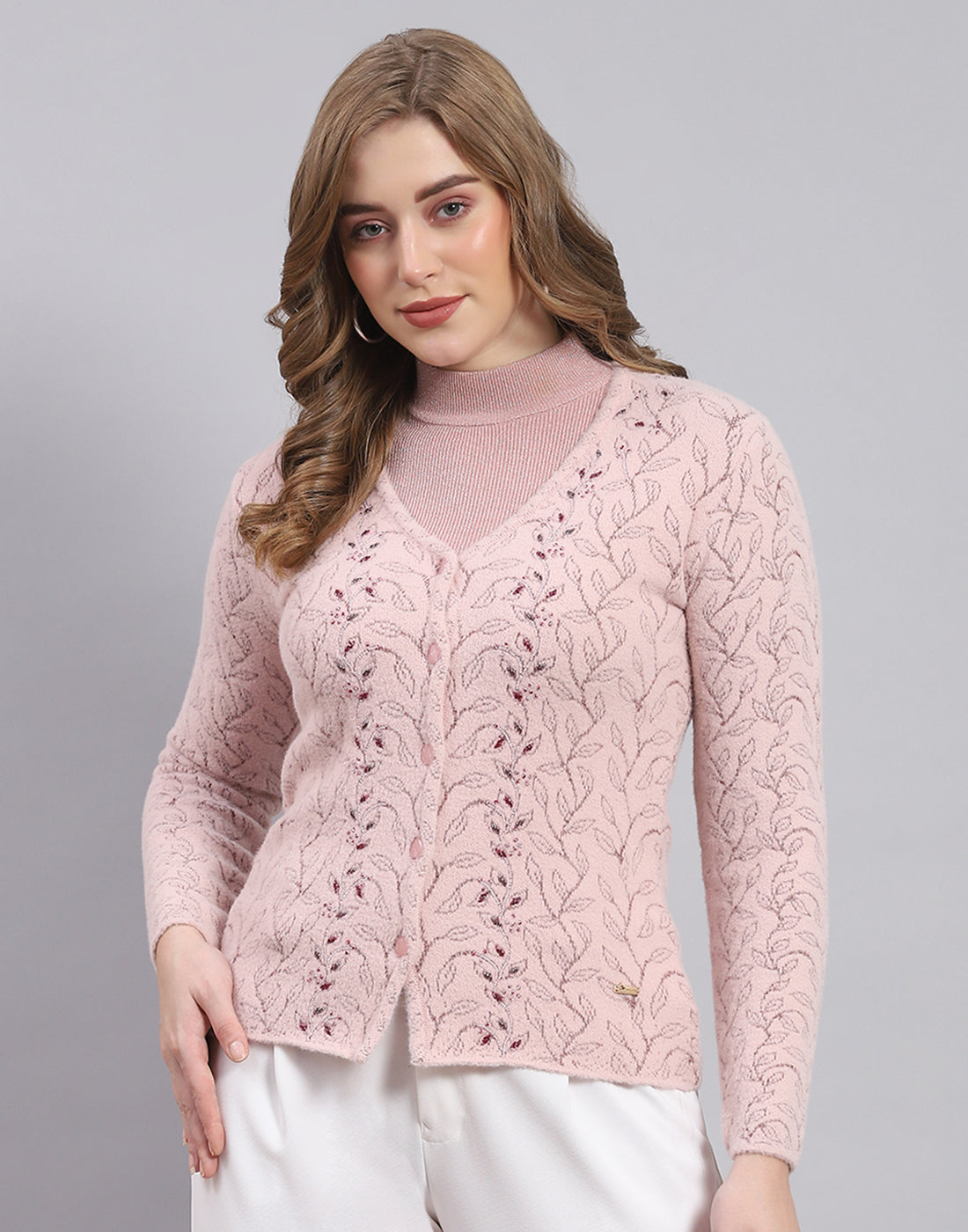 Women Pink Self Design V Neck Full Sleeve Sweater