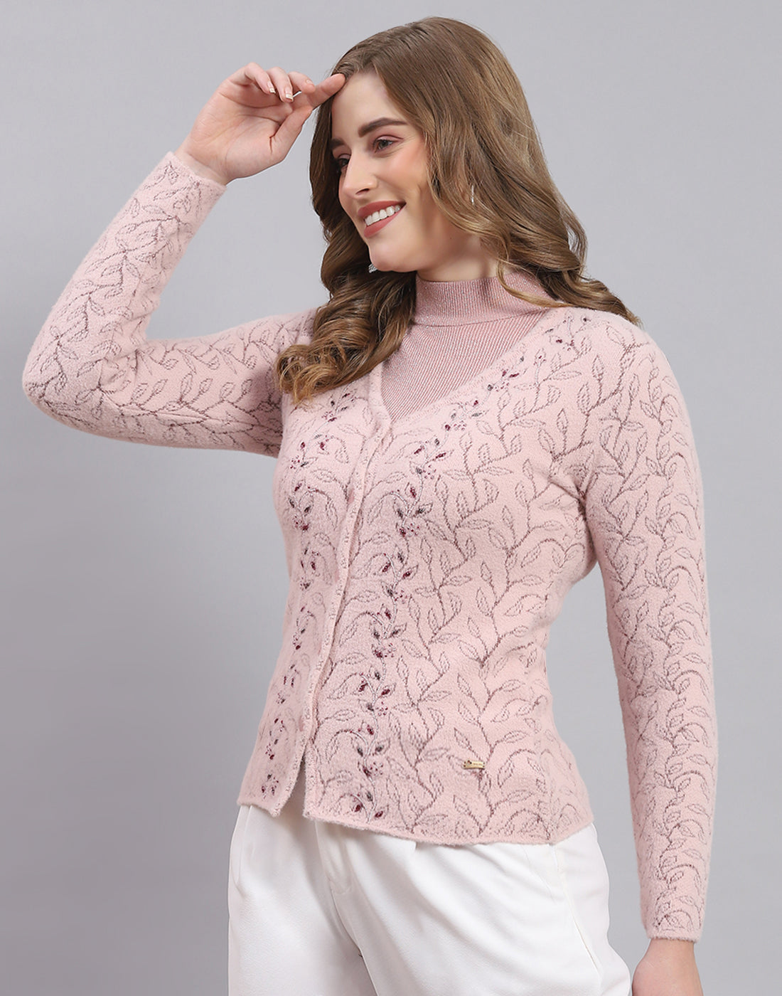Women Pink Self Design V Neck Full Sleeve Sweater