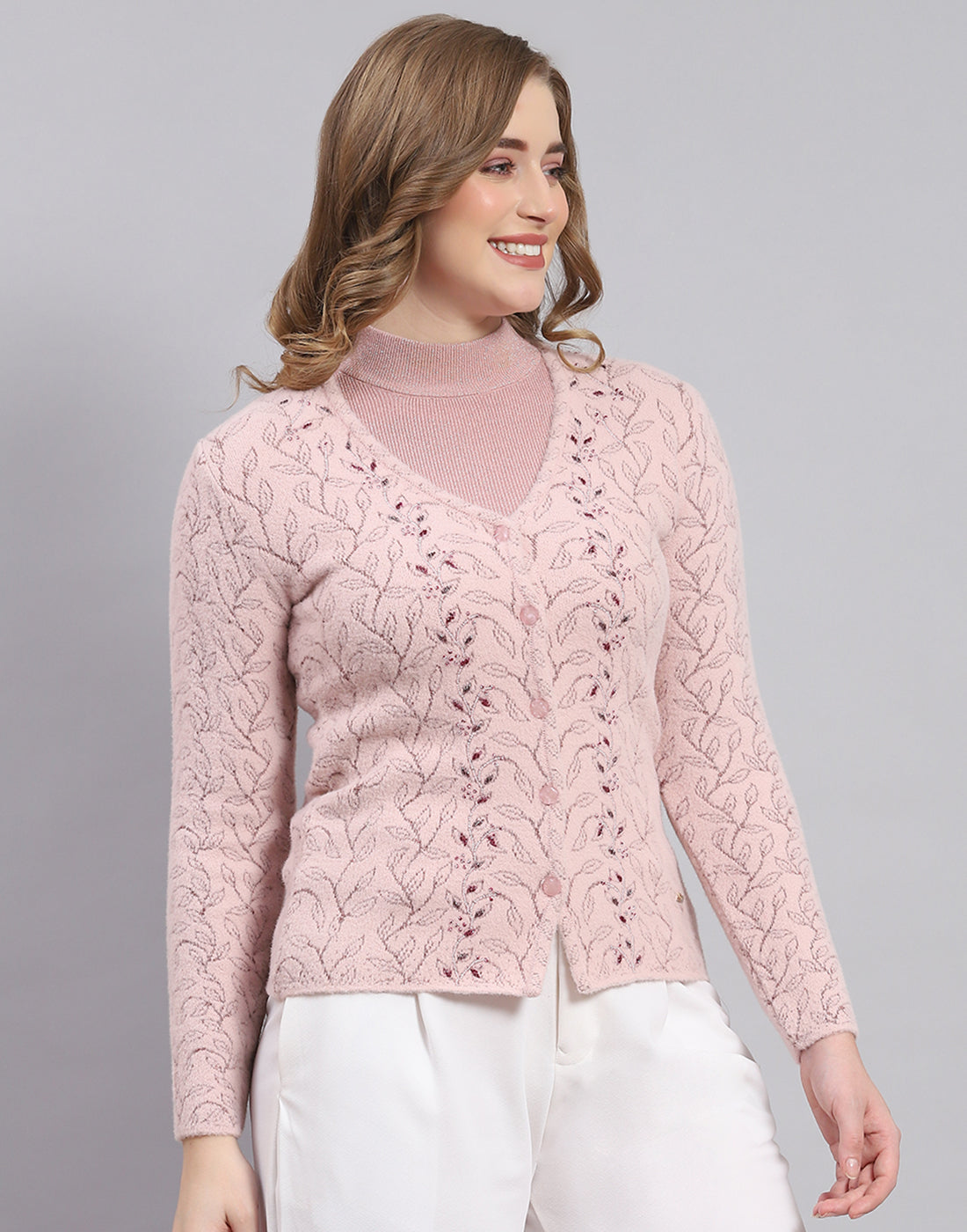 Women Pink Self Design V Neck Full Sleeve Sweater