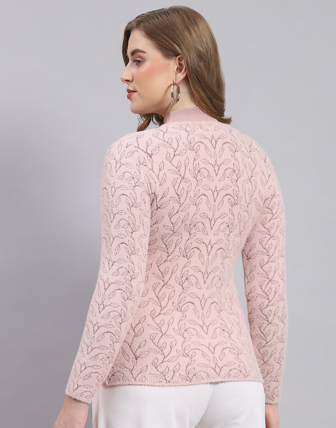 Women Pink Self Design V Neck Full Sleeve Sweater