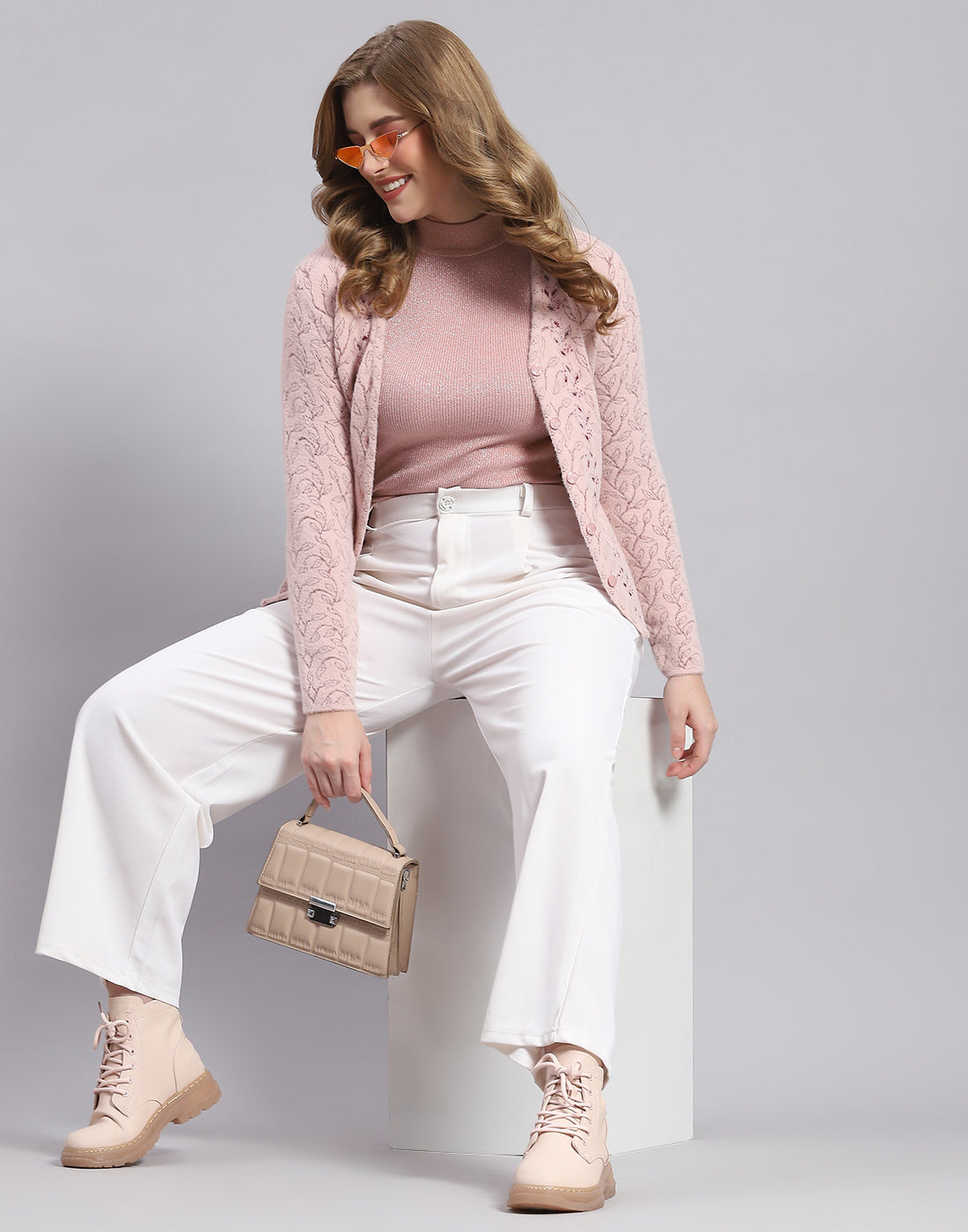 Women Pink Self Design V Neck Full Sleeve Sweater - Main Image