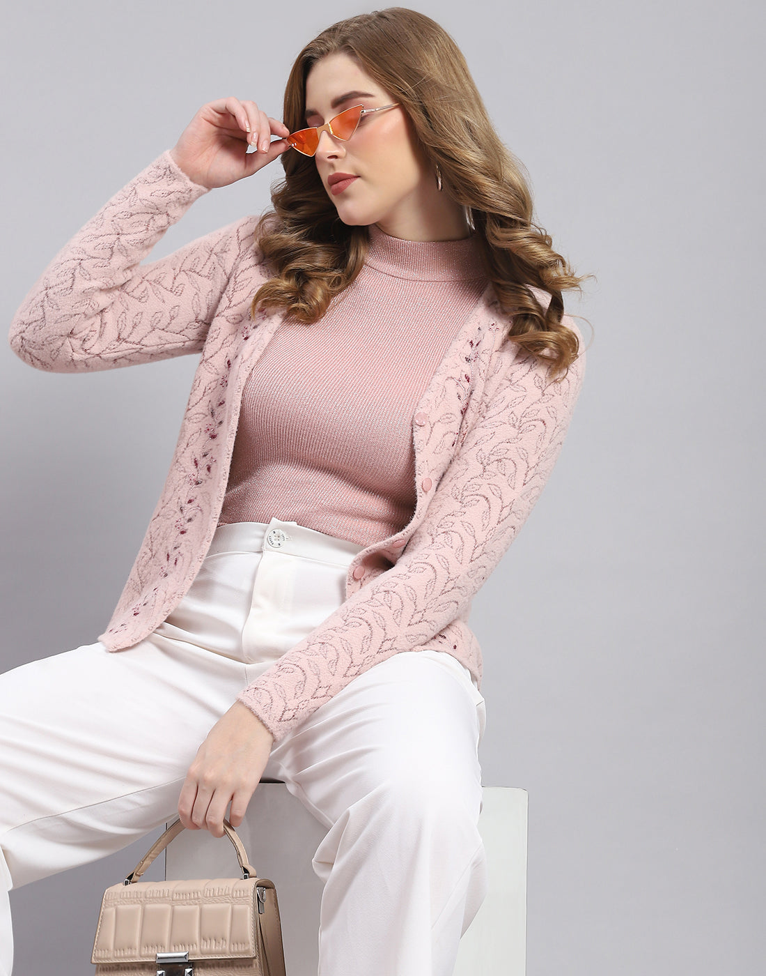 Women Pink Self Design V Neck Full Sleeve Sweater