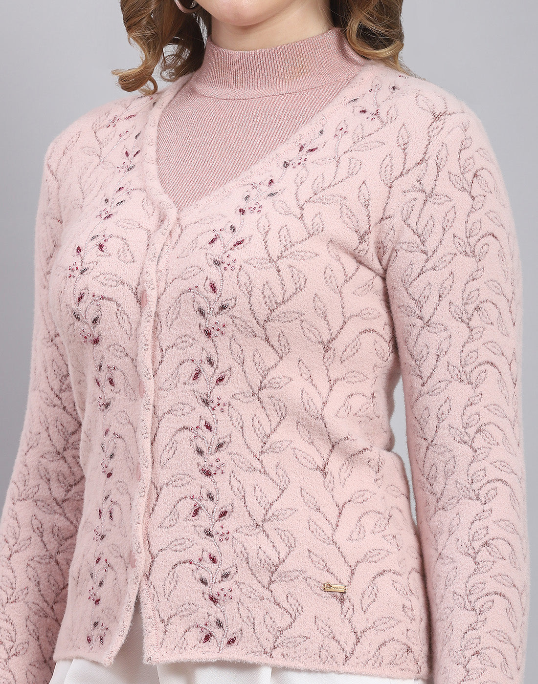 Women Pink Self Design V Neck Full Sleeve Sweater