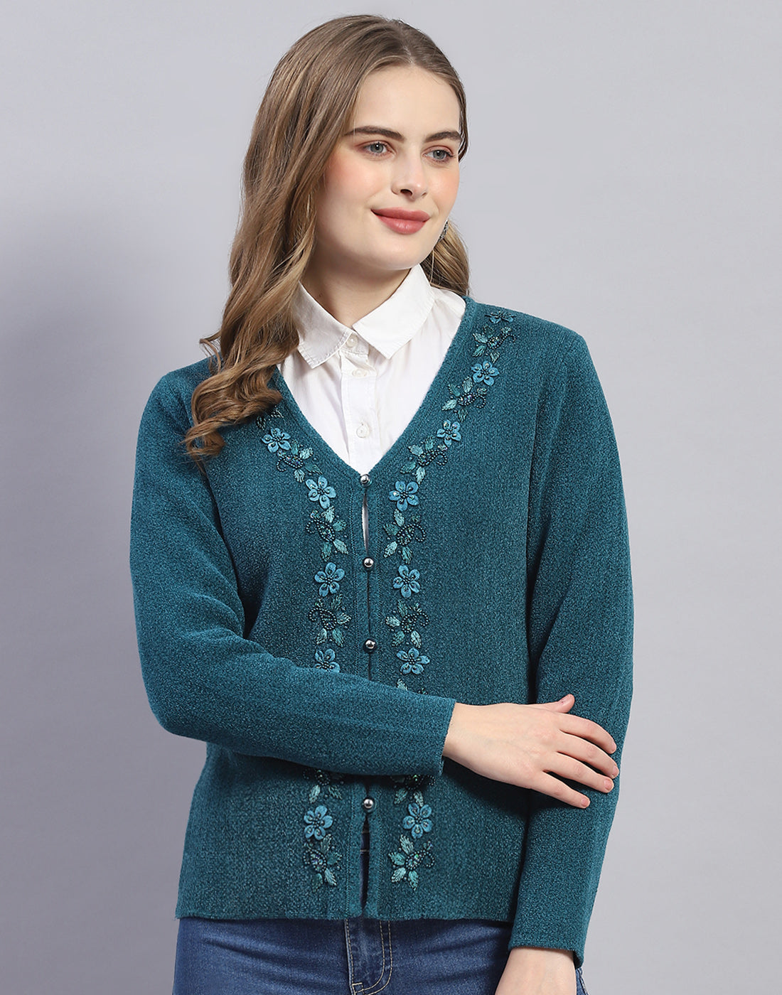 Women Teal Blue Embellished V Neck Full Sleeve Cardigan