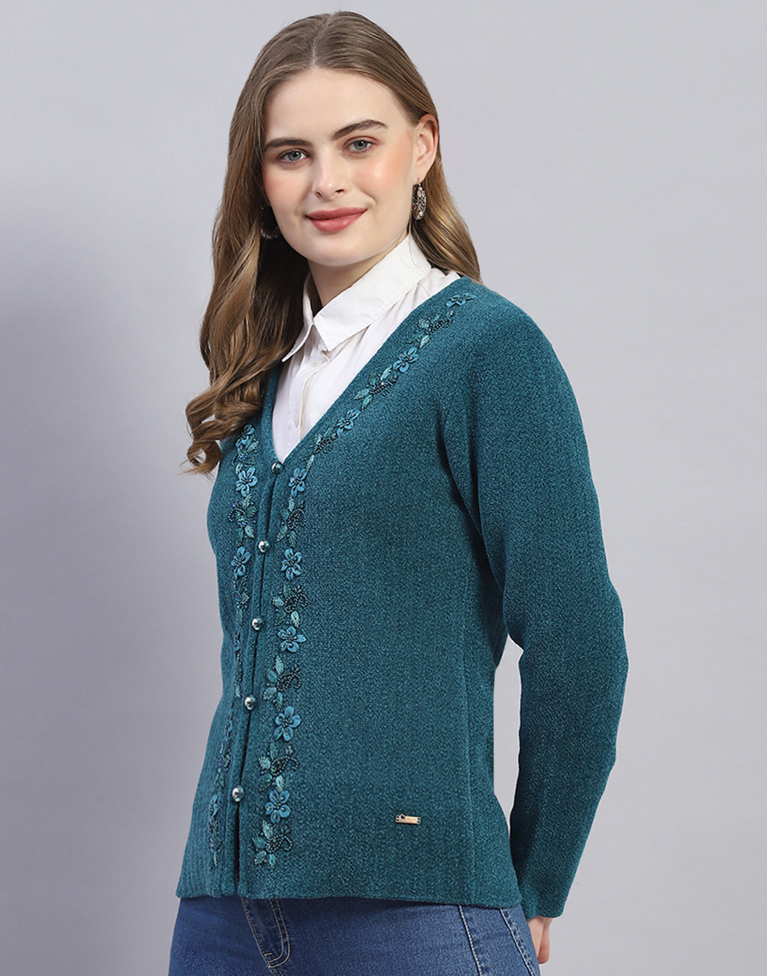 Women Teal Blue Embellished V Neck Full Sleeve Cardigan
