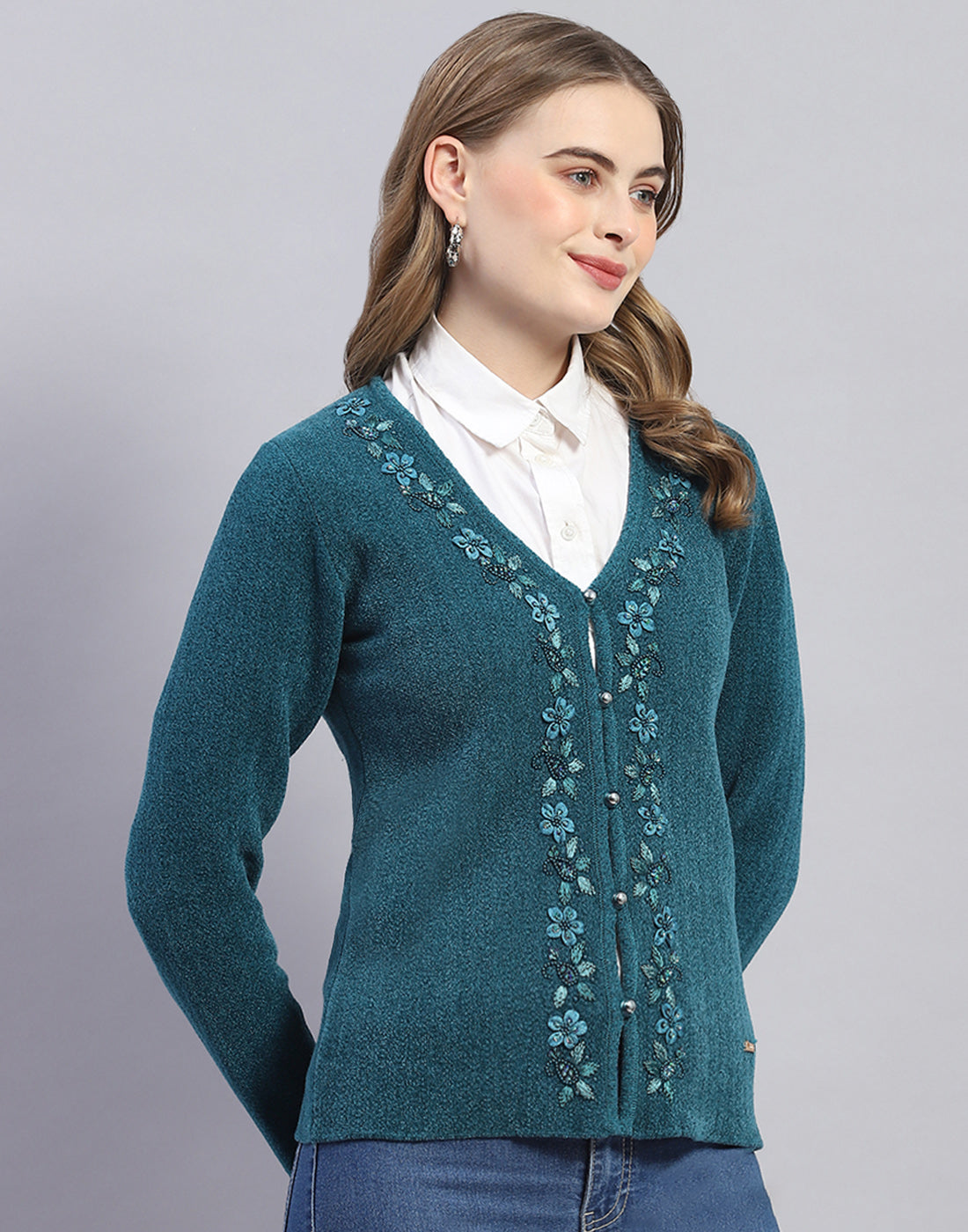 Women Teal Blue Embellished V Neck Full Sleeve Cardigan