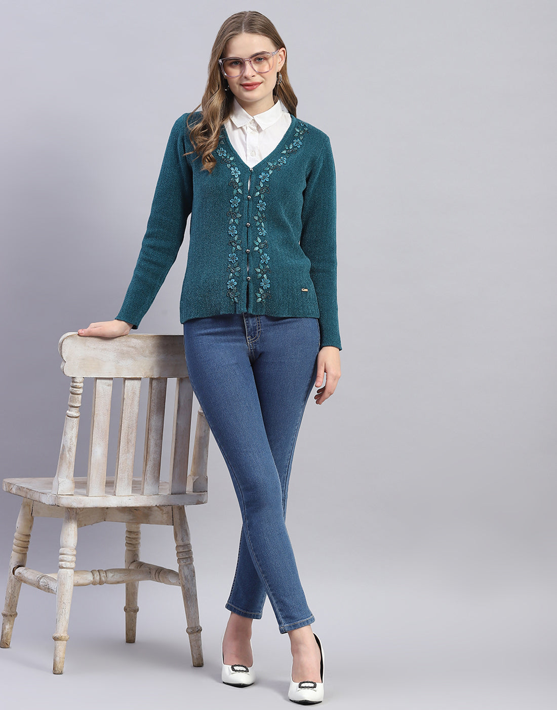 Women Teal Blue Embellished V Neck Full Sleeve Cardigan