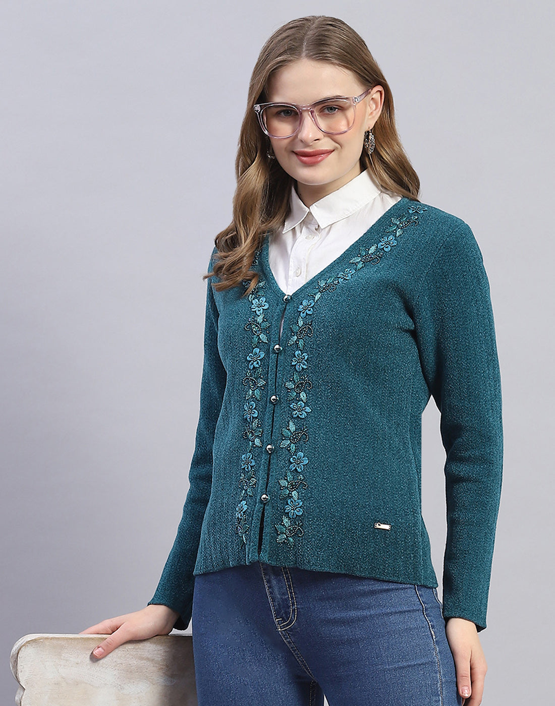 Women Teal Blue Embellished V Neck Full Sleeve Cardigan