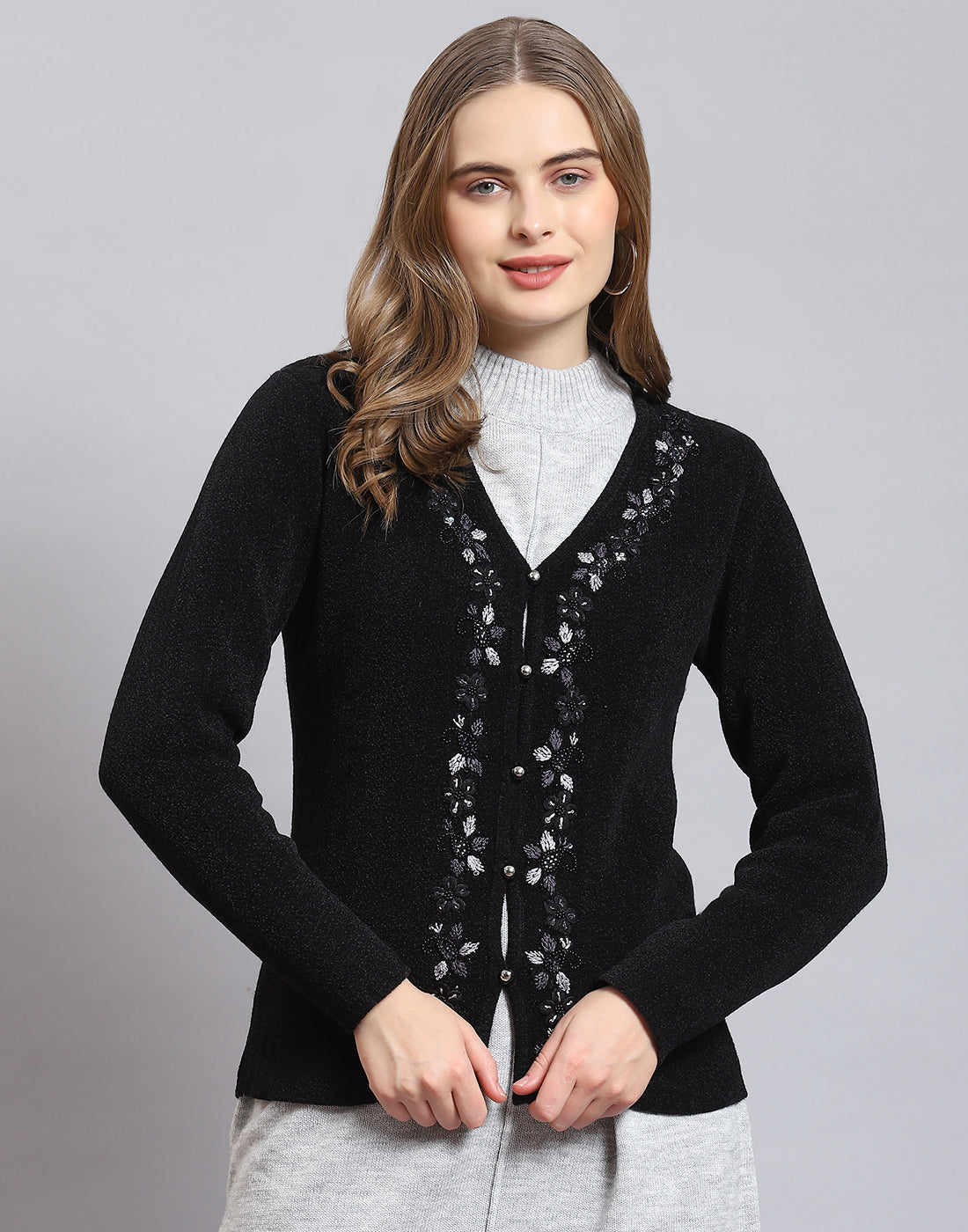Women Black Embellished V Neck Full Sleeve Cardigan